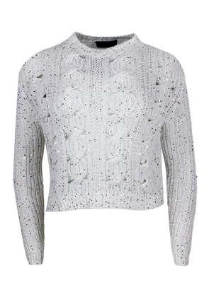 Lorena Antoniazzi Long-Sleeved Crew-Neck Sweater In Cotton With Braided Work Embellished With Microsequins And Back Part In Breathable Technical Fabric