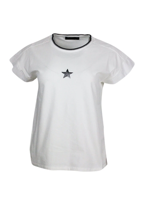 Lorena Antoniazzi Short-Sleeved Crew-Neck T-Shirt In Stretch Cotton With Lurex Star On The Front