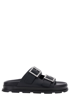 Pollini Black Sandals With Rhinestone Buckle In Hammered Leather Woman