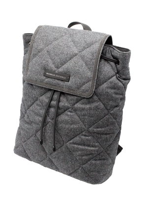 Brunello Cucinelli Backpack With Diamond Pattern In Wool And Leather Embellished With Rows Of Jewels. Measures 30 X 35 X 10