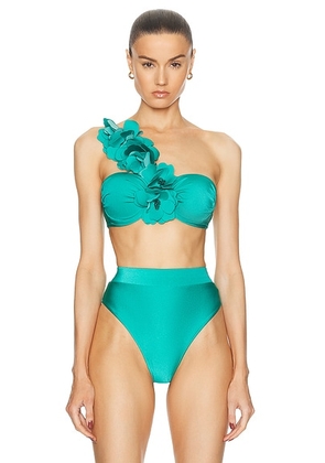 PatBO Flower Applique Bikini Top in Curacao - Teal. Size XS (also in L, M, S).