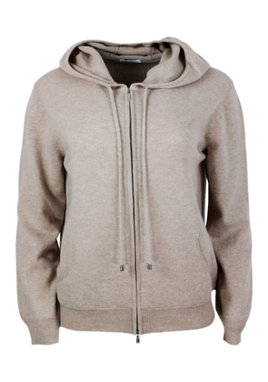 Malo Sweatshirt Style Sweater In Pure And Soft Cashmere With Hood And Zip Closure