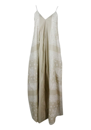 Fabiana Filippi Long Dress In Cotton With Bandana Fantasy Print From The Asymmetrical A-Line With Shoulder Straps In Rows Of Brilliant Jewels