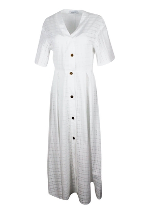 Fabiana Filippi Long Dress In Short-Sleeved Stretch Cotton With Button Closure And Textured Work