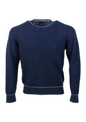 Armani Collezioni Crew-Neck And Long-Sleeved Sweater In Cotton And Linen With Honeycomb Workmanship.
