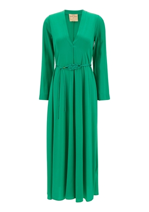 Forte_Forte Long Green Dress With Belt And Long Sleeves In Stretch Silk Woman