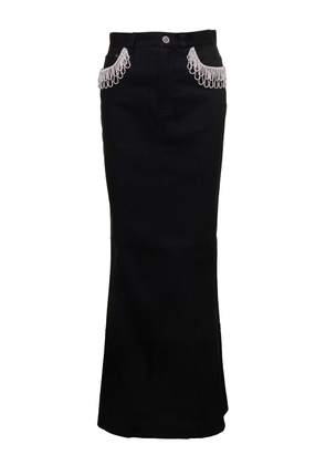 Rotate By Birger Christensen Black Maxi Skirt With Jewel Details Along The Pockets In Cotton Denim Woman