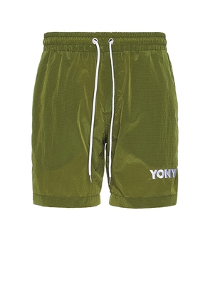 YONY Logo Swim Trunks in Army. Size M, S, XL/1X.