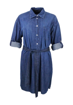Lorena Antoniazzi Shirt Dress In Light Chambray Denim Cotton With Long Sleeves With Button Closure And Belt At The Waist