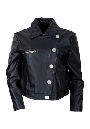 Armani Collezioni Studded Jacket With Button And Zip Closure Made Of Eco-Leather With Zip On Pocket And Cuffs