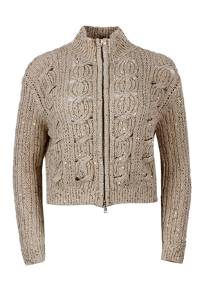 Lorena Antoniazzi Long-Sleeved Full-Zip Cardigan Sweater In Cotton Thread With Braided Work Embellished With Applied Microsequins