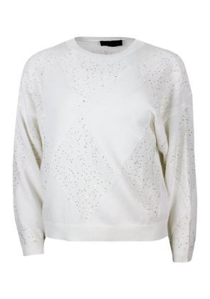 Lorena Antoniazzi Long-Sleeved Crew-Neck Sweater In Cotton Thread With Diamond Pattern Embellished With Microsequins