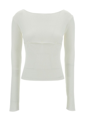 Low Classic White Ribbed Top With Boat Neckline And Buttons In Rayon Blend Woman