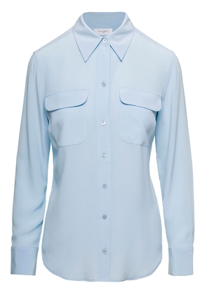 Equipment Light Blue Slim Shirt With Chest Patch Pocket In Silk Woman