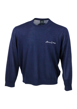 Armani Collezioni Lightweight Long-Sleeved Crew-Neck Sweater Made Of Wool Blend With Logo Writing On The Chest