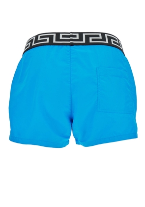 Versace Light Blue Swim Shorts With Greca Branded Band In Tech Fabric Man