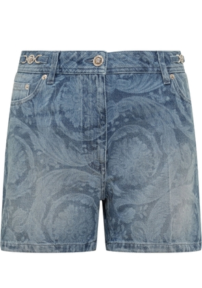 Versace Shorts In Denim With Baroque Silhouette Pattern