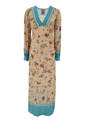 Semicouture Giovanna Long Light Blue And Beige Dress With Floreal Print In Viscose Woman