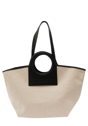 Hereu Cala White And Black Handbag With Leather Handles In Canvas Woman