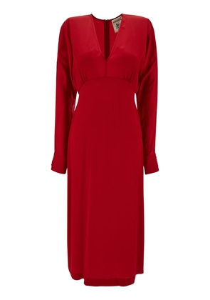 Semicouture Midi Red V Neck Dress With Long Sleeve In Acetate And Silk Blend Woman