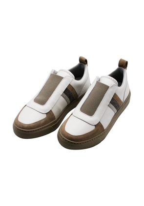 Fabiana Filippi Slip-On Sneaker In Leather With Suede Inserts Embellished With Rows Of Brilliant Jewels On The Sides