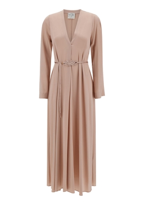 Forte_Forte Long Pale Pink Dress With Belt And Long Sleeves In Stretch Silk Woman