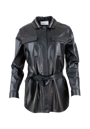 Fabiana Filippi Leather Shirt Jacket With Button Closure, With Belt And With Monile On The Collar