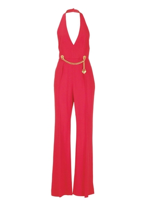 Chain-Embellished Open-Back Haltrneck Jumpsuit Moschino