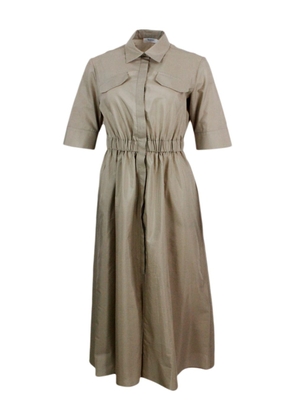 Barba Napoli Long Dress Made Of Cotton With Short Sleeves, With Elastic Waist And Button Closure. Welt Pockets