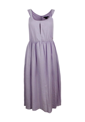 Armani Collezioni Sleeveless Dress Made Of Linen Blend With Elastic Gathering At The Waist. Welt Pockets