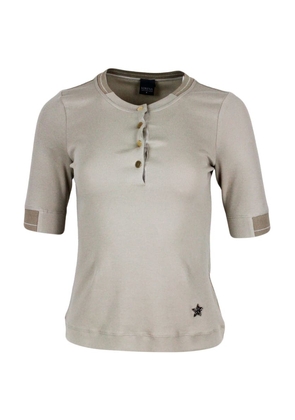 Lorena Antoniazzi Short-Sleeved Ribbed Crew-Neck Cotton T-Shirt With Button Closure And Swarosky Star