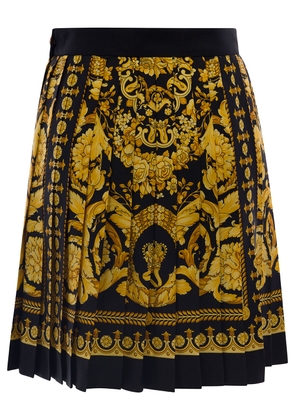Versace Black And Golden Pleated Skirt With Baroque Print All-Over In Silk Woman