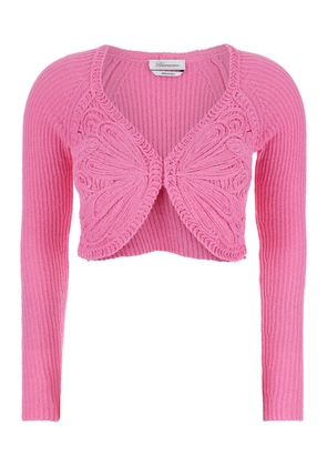 Blumarine Pink Crop Butterfly Cardigan In Cotton Blend Woman