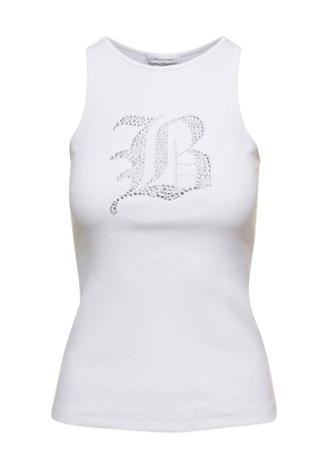Blumarine White Ribbed Tank Top With Rhinestone Logo In Cotton Woman