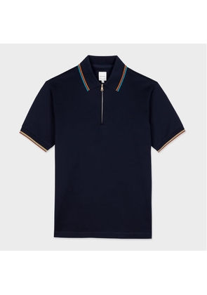 Paul Smith Navy Cotton 'Signature Stripe' Trim Zip Polo Shirt Blue