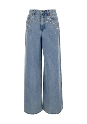 Self-Portrait Light Blue Five-Pocket Wide Jeans With Rhinestones In Denim Woman