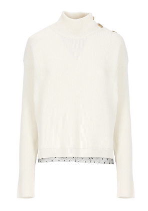 Red Valentino White Sweater With Buttons And Tulle Point Desprit
