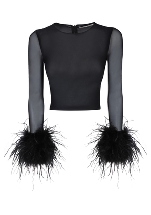 Alice + Olivia Feather Mesh Top In Black