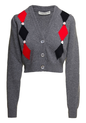 Alessandra Rich Grey Cardigan With Diamond Motif And Embroidered Rose Detail In Wool Woman