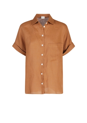 Eleventy Terracotta Shirt With Half Sleeves In Linen