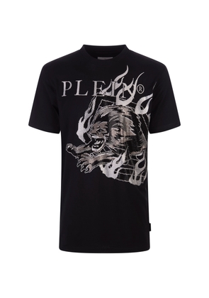 Philipp Plein Black T-Shirt With Crystal Lion Circus