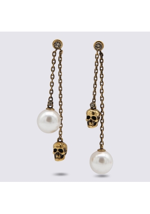 Alexander Mcqueen Antique Gold Metal And Pearl Skull Chain Earrings