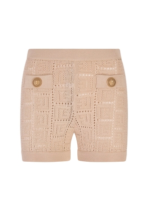 Balmain Beige Perforated Knit Shorts With Monogram
