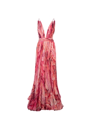 Roberto Cavalli Long Silk Dress With Pink Plumage Print