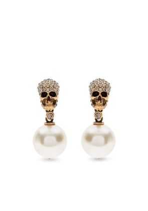 Alexander Mcqueen Pearl Skull Earrings In Antiqued Gold