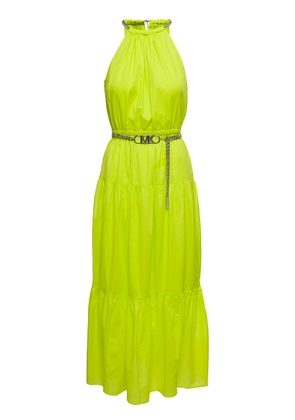 Michael Michael Kors Neon Yellow Halter Neck Maxi Dress With Chain Belt With Logo In Cotton Woman