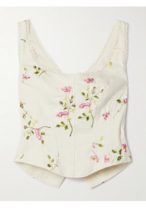 LoveShackFancy - Rhapsody Lace-trimmed Embroidered Cotton-twill Bustier Top - Off-white - US0,US2,US4,US6,US8,US10,US14
