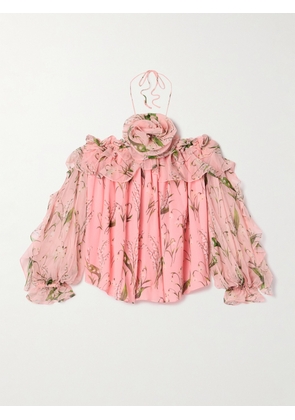 Carolina Herrera - Ruffled Appliquéd Floral-print Georgette Halterneck Blouse - Pink - US2,US4,US6,US8