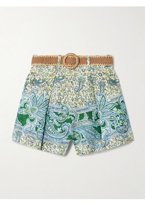 Zimmermann - Ottie Belted Pleated Printed Linen Shorts - Green - 00,0,1,2,3,4