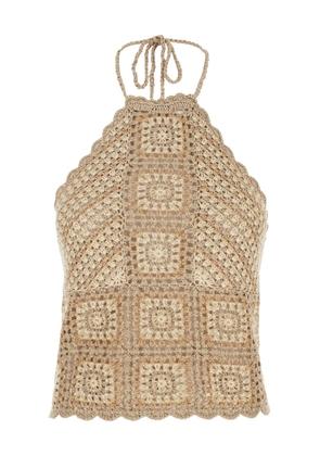 Twinset Beige Crochet Top In Techno Fabric Woman